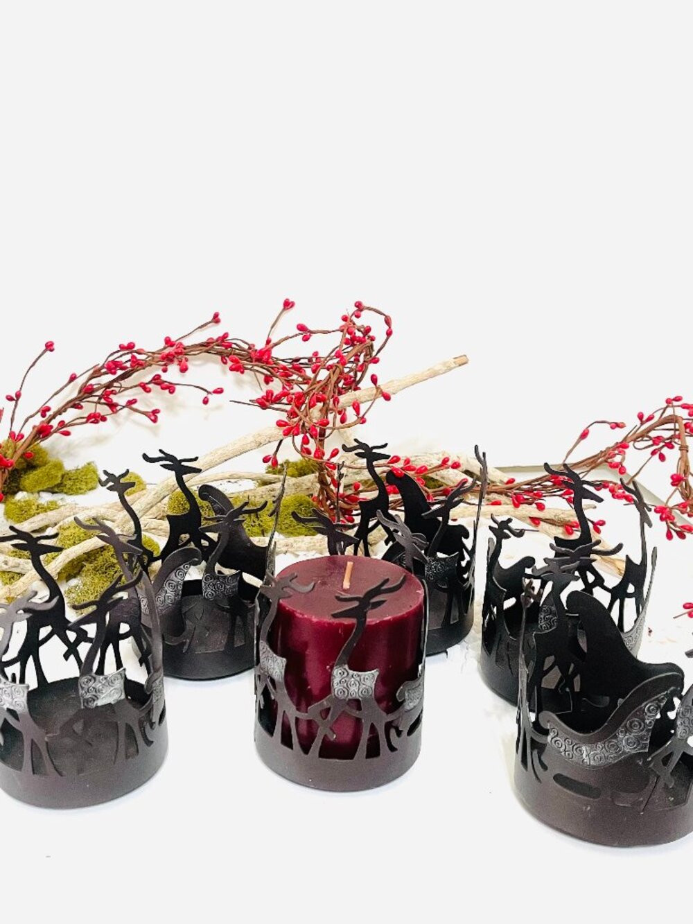 Holiday candle holders. Set of 6 Deer and Sleigh metal holders.